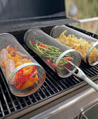 Rolling Grilling Basket Metal BBQ Barbecue Basket Net Portable Outdoor Camping Barbecue Rack Kitchen Gadgets