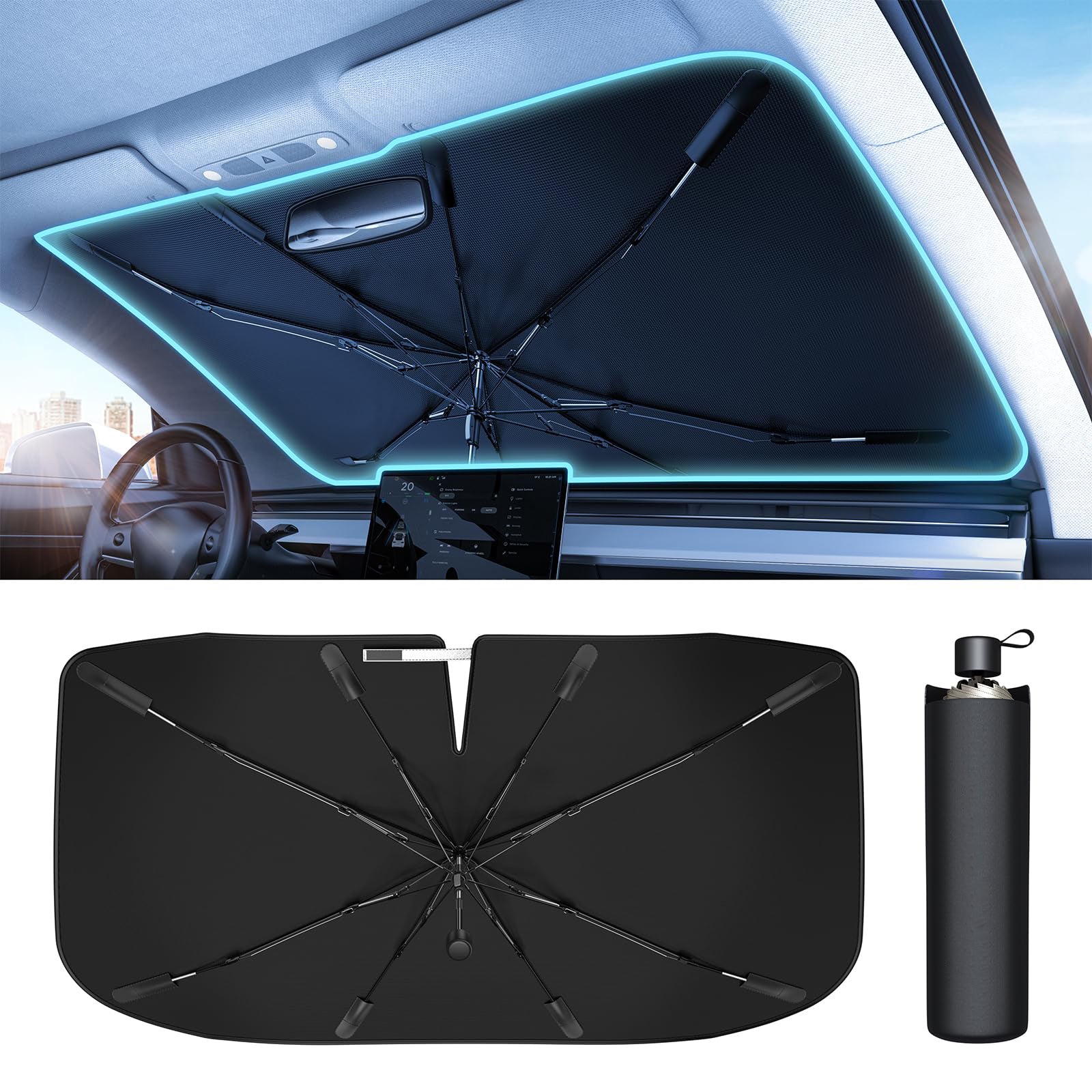 Windshield Sun Shade Umbrella For Car  Spring Structure Edge Medium  Protects Interior From Sun Damage  Fits 99 Percent Of Vehicles